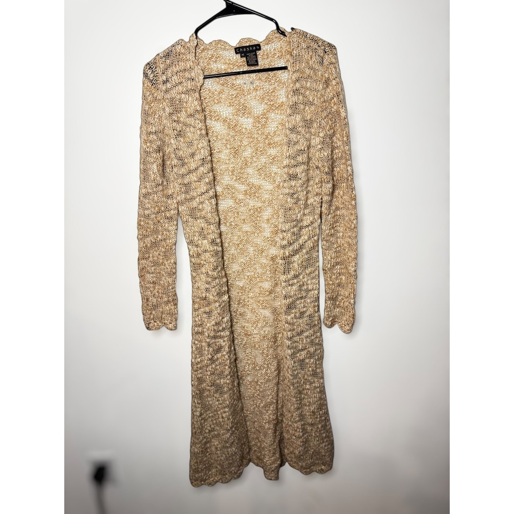 Chaska Womens Vintage Retro Knit long Cardigan‎ Duster Sweater Beige Tan Size M